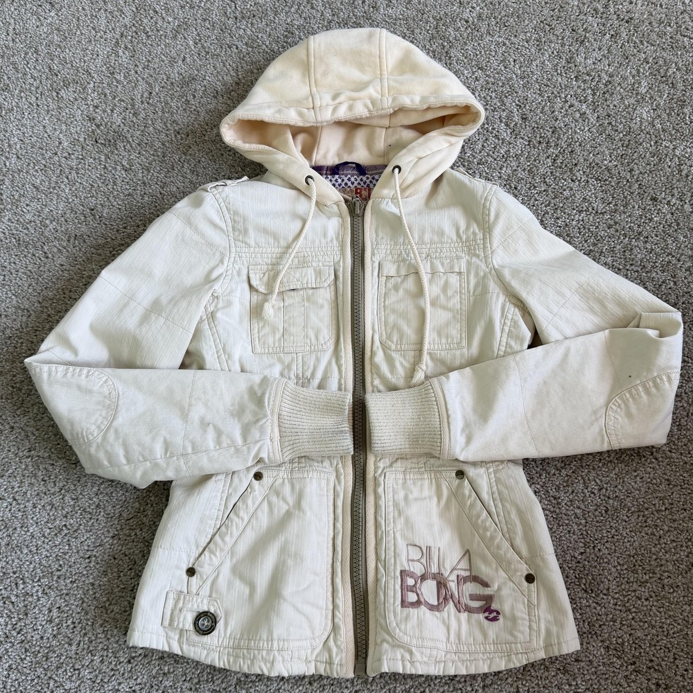 Y2K Billabong Jacket Womens XS White Twill Hooded Full Zip Lined Pockets Logo